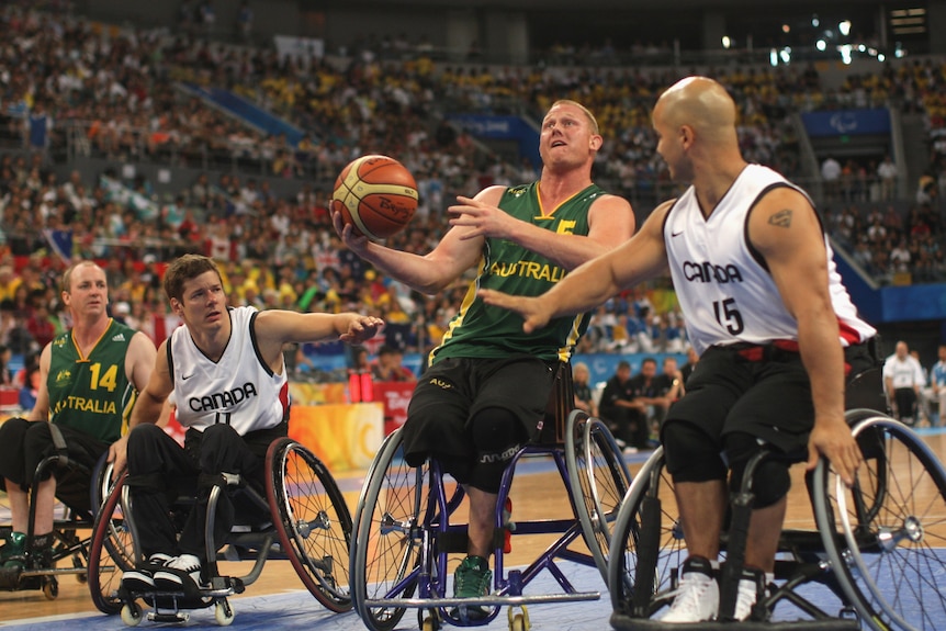 Troy Sachs shoots during the Gold Medal Wheelchair Basketball match between Australia and Canada at the Paralympics 