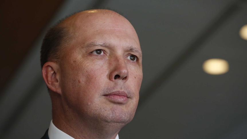 Peter Dutton looks forward with a serious facial expression.