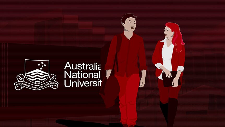 Illustration of male and female walking with ANU logo in background.
