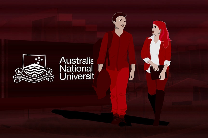 Illustration of male and female walking with ANU logo in background.