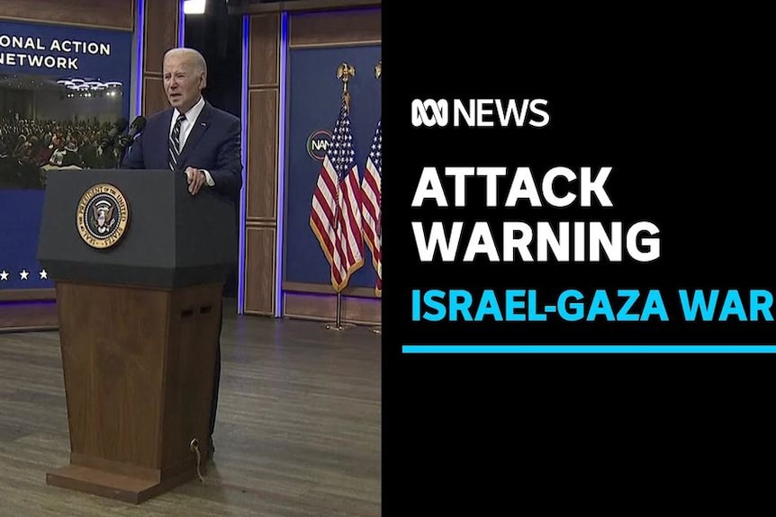 Attack Warning, Israel-Gaza War: US President Joe Biden speaks at a lecturn.