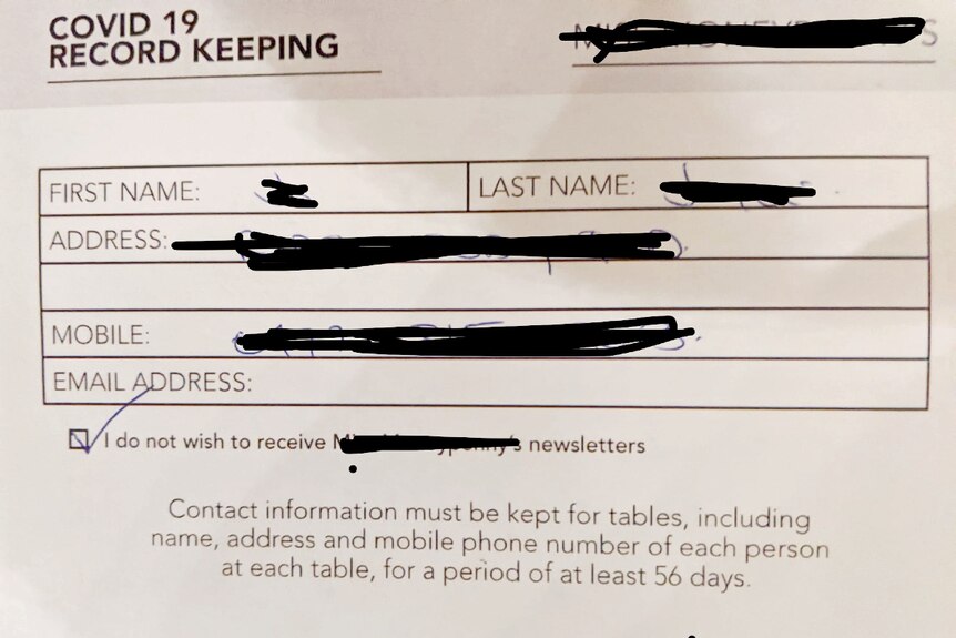 A form titled 'Covid 19 Record Keeping' which can be filled out with personal information.