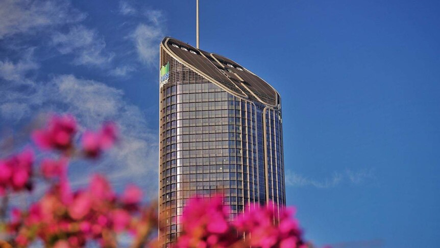 Top of 1 William Street building in Brisbane CBD, taken from South Bank with bougainvillea flowers in the foreground.