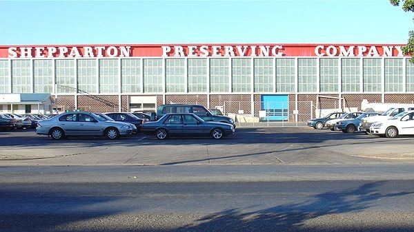 SPC Ardmona cannery in Shepparton in northern Victoria, with cars parked outside