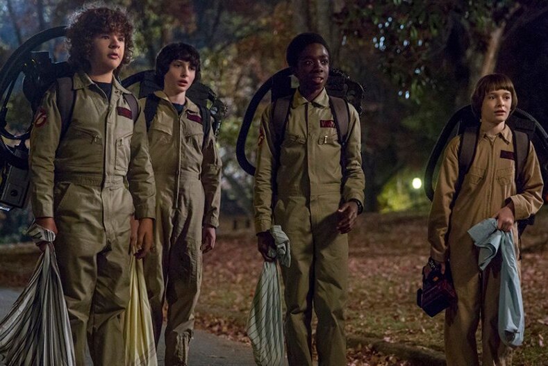The cast of Stranger Things in Ghostbusters Halloween costumes