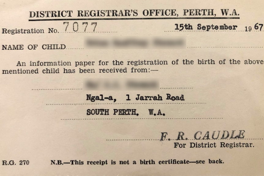 A 1967 birth registration receipt from the District Registrar's office in Perth, WA.