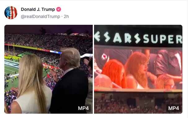 A screenshot of a Truth Social post by Donald Trump with two videos comparing his Super Bowl reception to Swifts