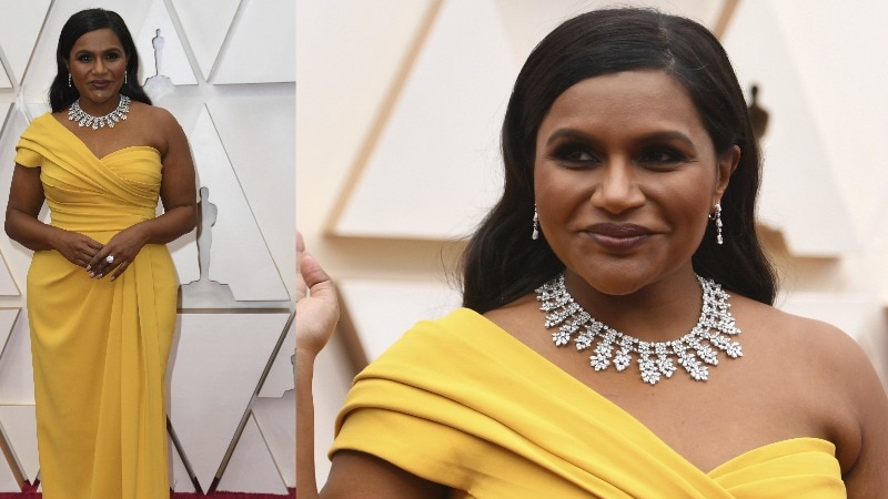 A composite image of Mindy Kaling wearing a yellow one shoulder dress with rouged detailing and a glitter necklace.