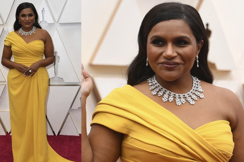 A composite image of Mindy Kaling wearing a yellow one shoulder dress with rouged detailing and a glitter necklace.