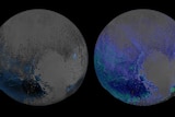 A composite image of two scans of Pluto shows areas lit up by water ice.