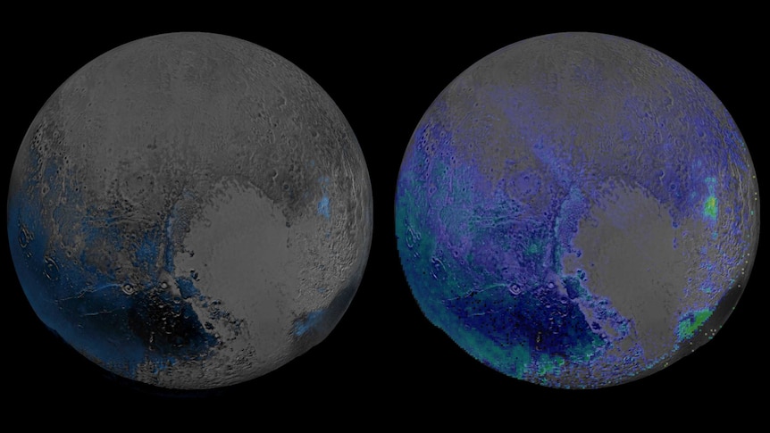 A composite image of two scans of Pluto shows areas lit up by water ice.