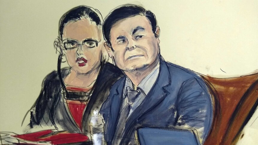 A courtroom sketch of Joaquin "El Chapo" Guzman sitting in the defence table with his female interpreter during trial.