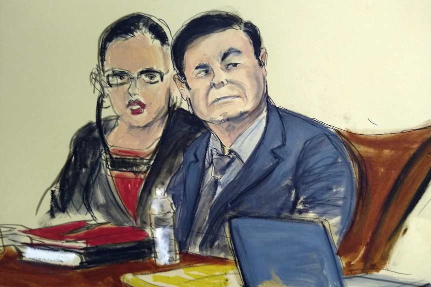 A courtroom sketch of Joaquin "El Chapo" Guzman sitting in the defence table with his female interpreter during trial.