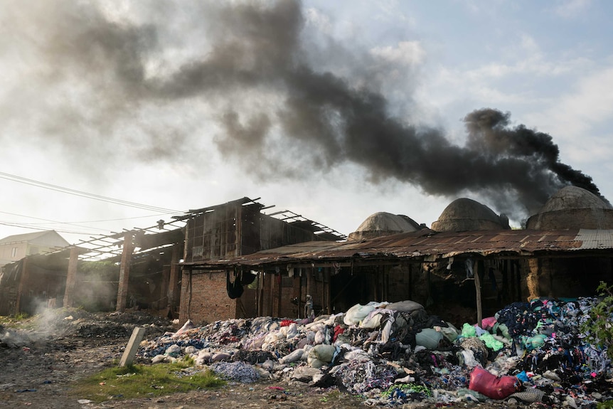 A burning brick kiln in Cambodia.