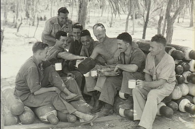 Royal Australian Air Force personnel have a cup of team while on break from duties on Horn Island during WWII.
