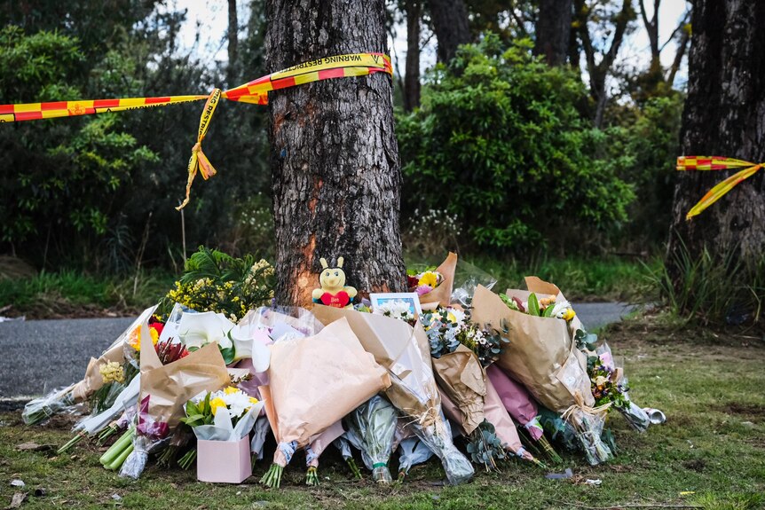 A tree with emergency tape wrapped around it, and bouquets of flowers at its feet
