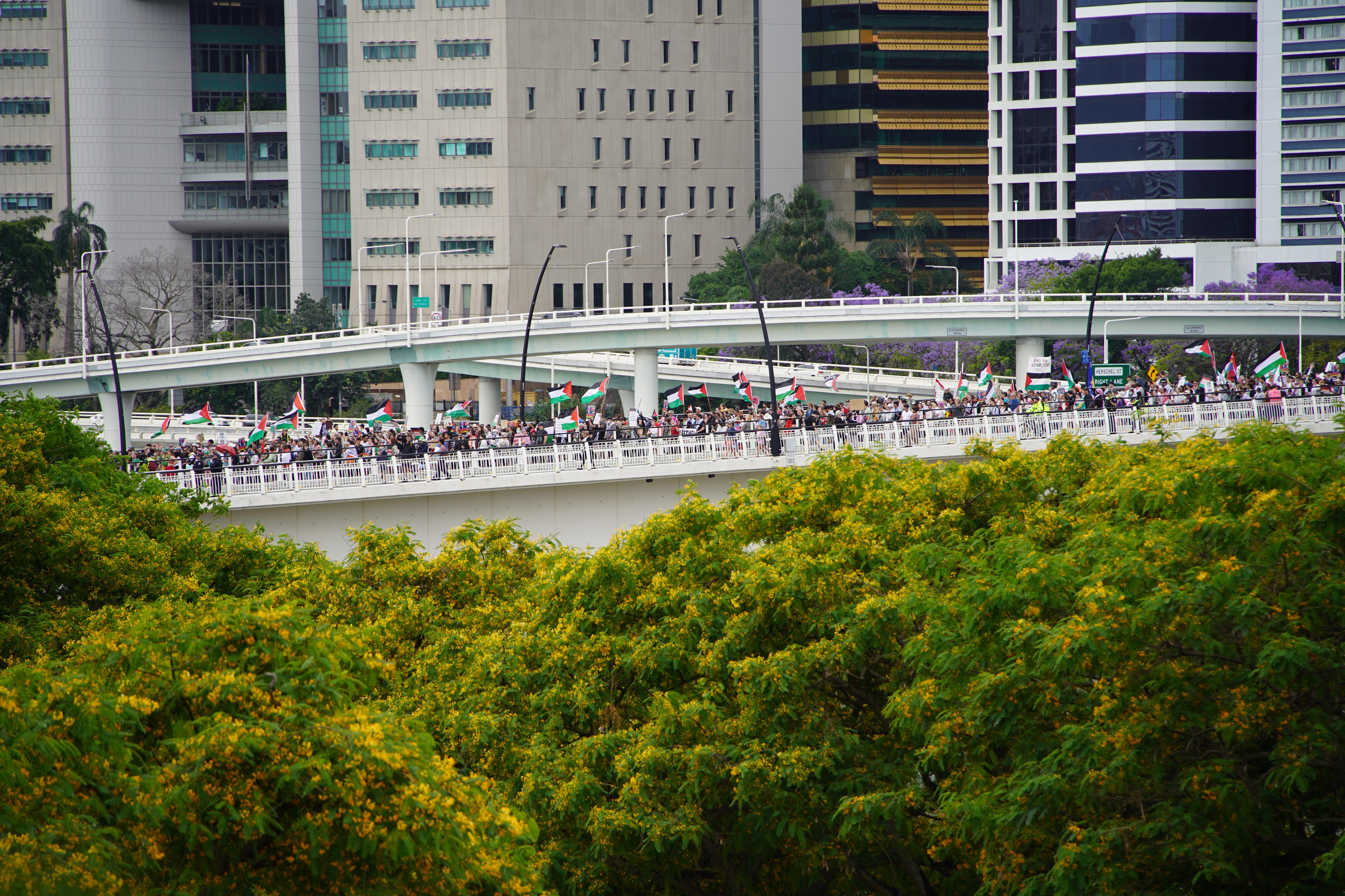 A large crowd walking across a bridge over a river flying Palestinian flags. 