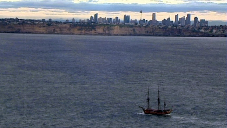 TV still of tall ship nearing Sydney for International Fleet Review