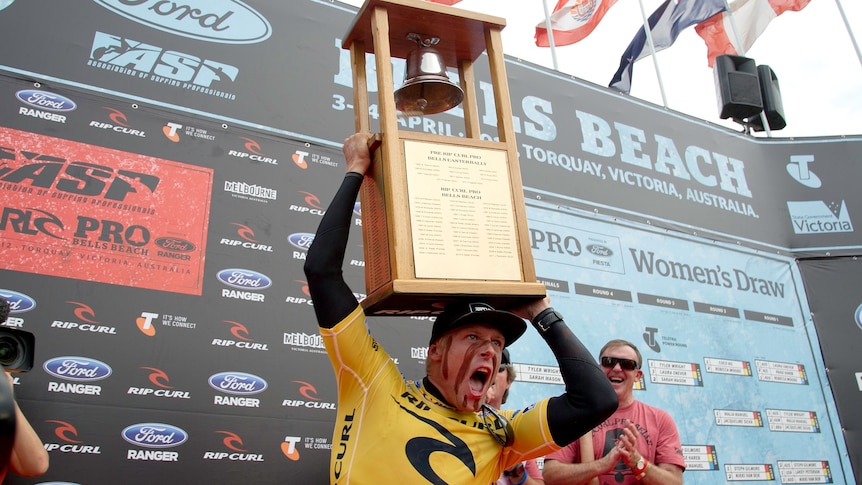 King of the beach: Fanning won his second Bells title after a thrilling final win over Slater.