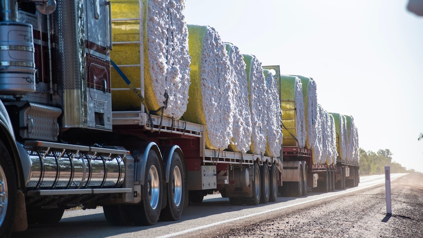 A truck carrying massive bails of cotton passes on a highway.
