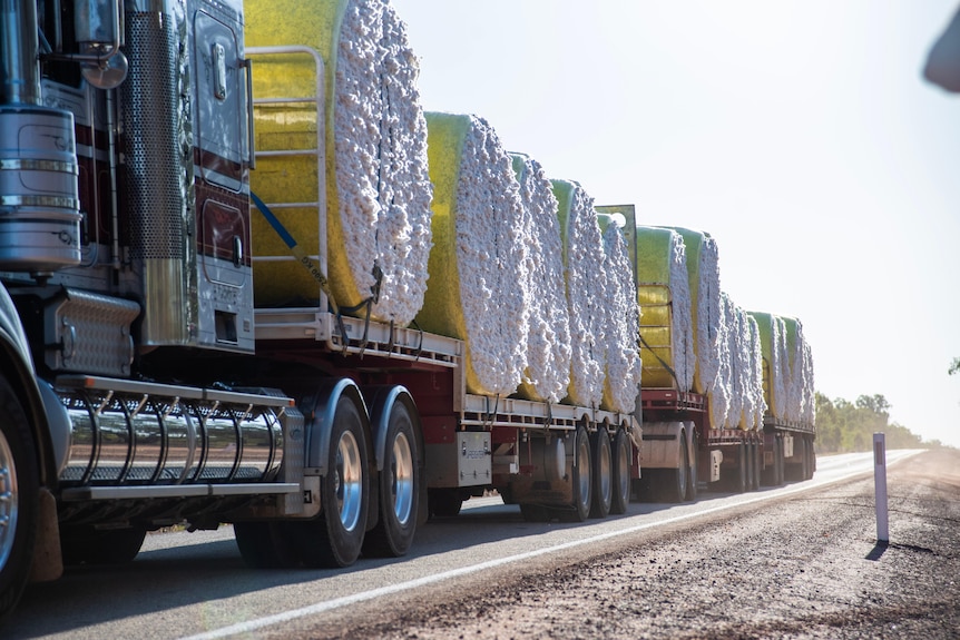A truck carrying hay cotton bales.