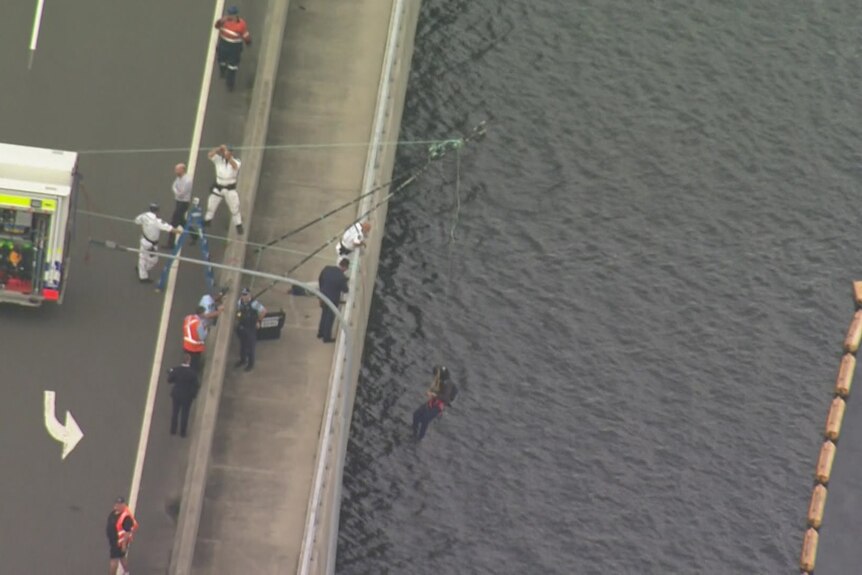 A man is suspended over the water on a wire as police officers hang over a bridge to speak