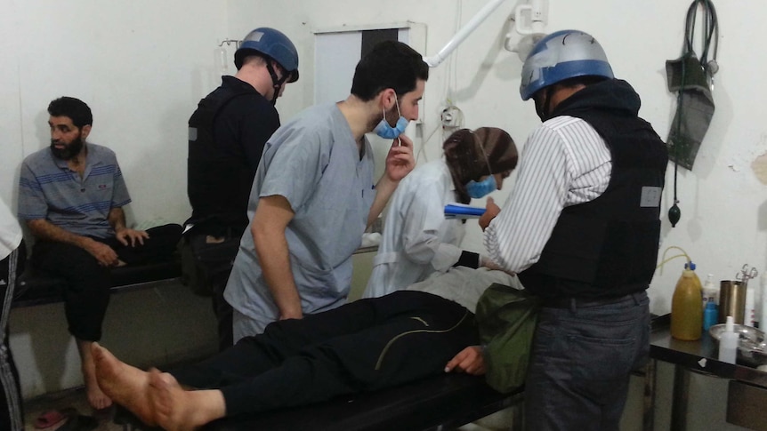 UN weapons inspectors visit gas attack victims in Syria.