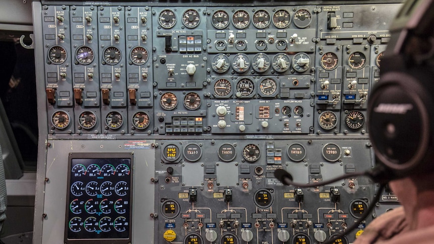 Dials and instruments in the flight deck of a 747.