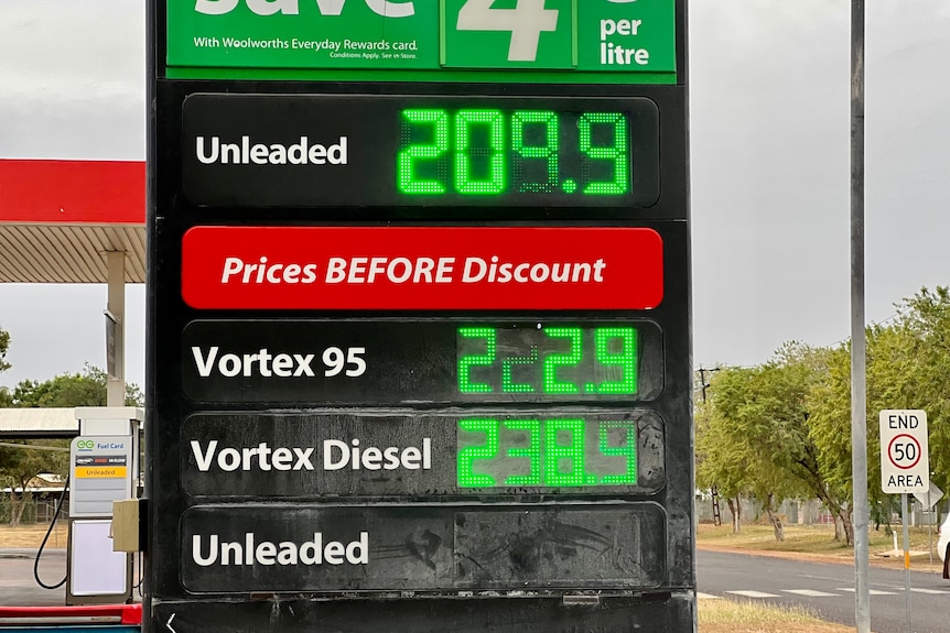 A fuel prices sign in Katherine detailing the cost of unleaded and diesel. 