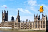 Mock up image of Trump Baby blimp flying over UK Parliament.
