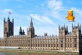 Mock up image of Trump Baby blimp flying over UK Parliament.