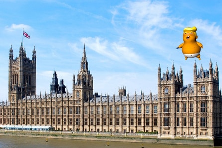 Mock up image of Trump Baby blimp flying over UK Parliament.