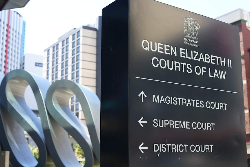 Main sign outside Magistrates, Supreme and District courts complex in Brisbane's CBD.