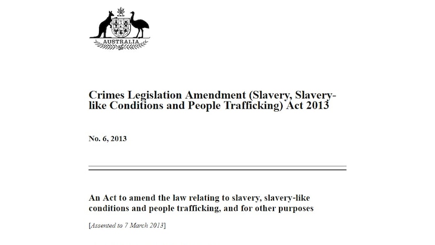 The front page of the Crimes Legislation Amendment (Slavery, Slavery‑like Conditions and People Trafficking) Act 2013