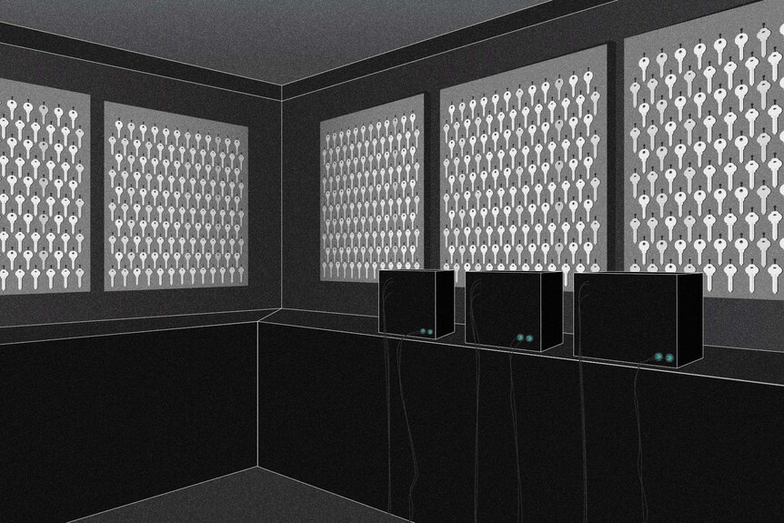Illustration of dark room with lots of keys hanging on walls and machines sitting on desks.