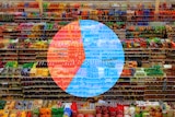 A photo of supermarket stocked with colourful products, overlaid with a chart.
