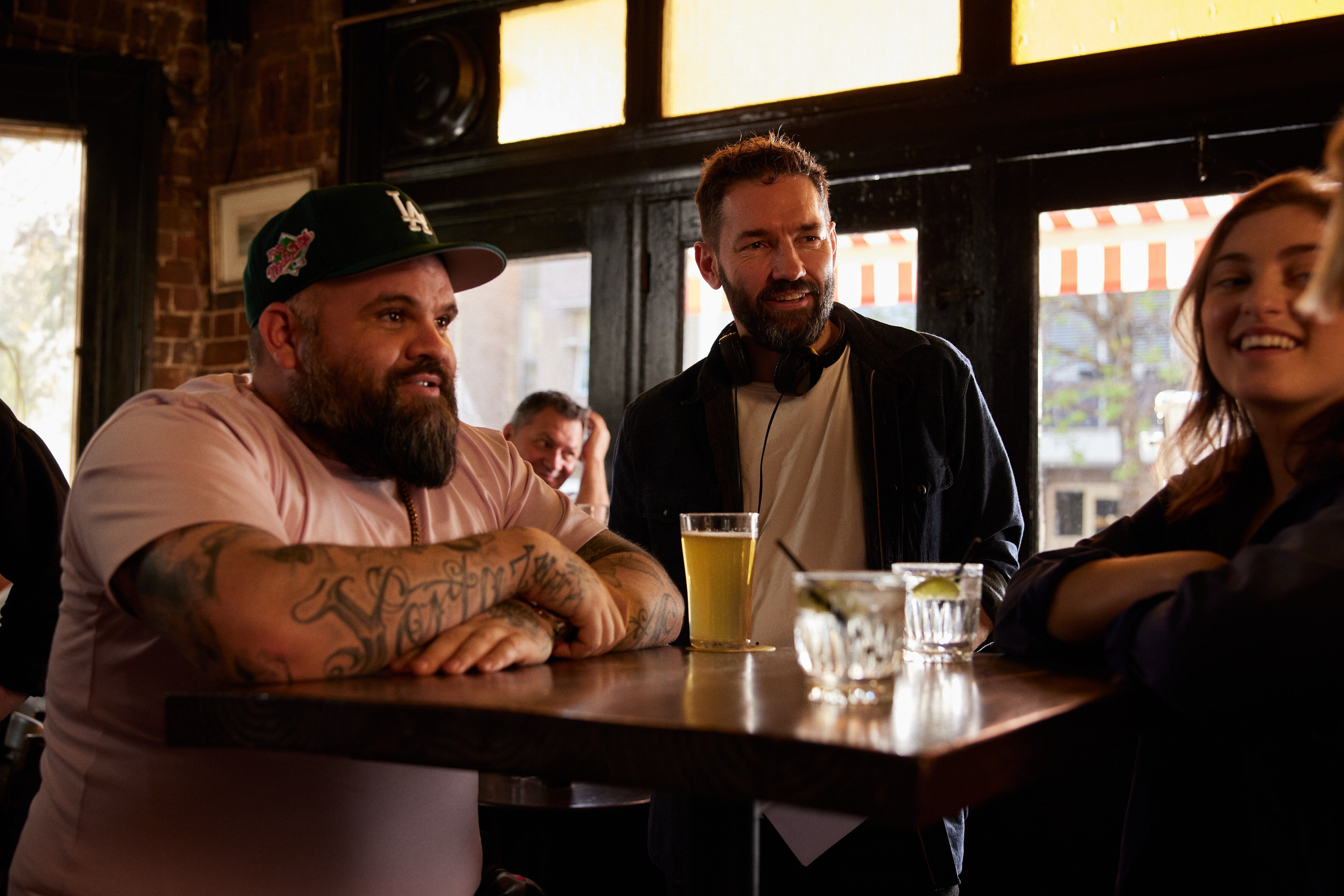 Director Nash Edgerton and Briggs on set for their skit at a pub.