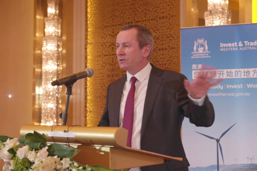 Mark McGowan gestures with his hand while standing at a lecturn