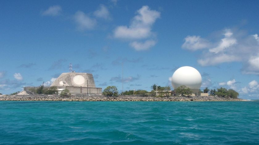 Radar domes sit on Kwajalein Atoll
