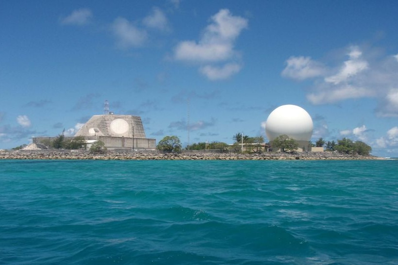 Radar domes sit on Kwajalein Atoll