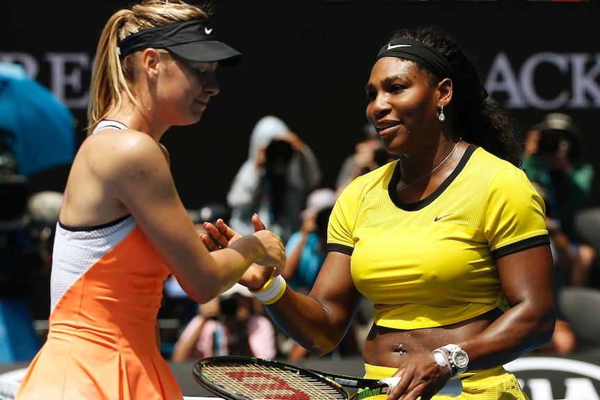 Serena Williams shakes hands with Maria Sharapova