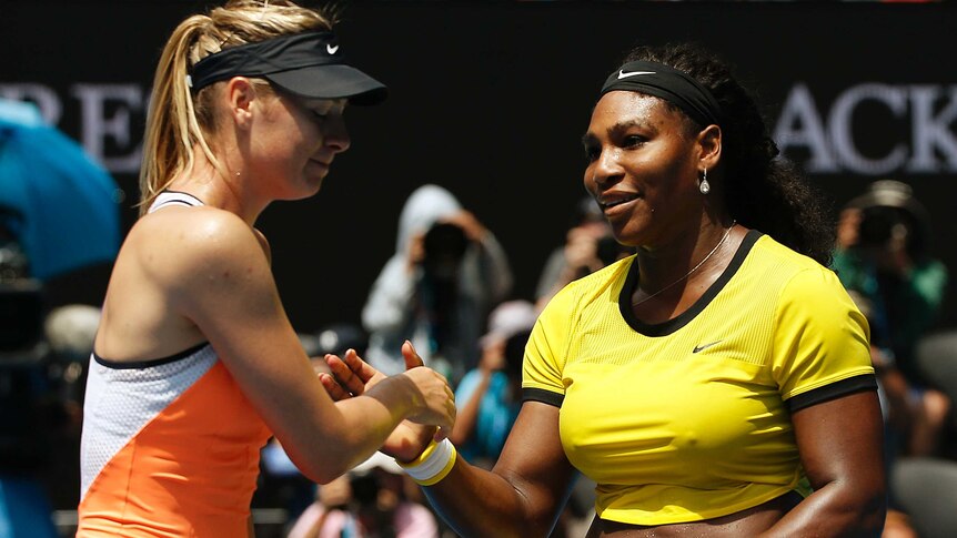 Serena Williams shakes hands with Maria Sharapova