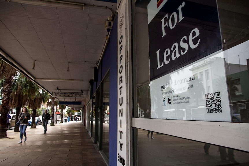 A For Lease sign on a shop in Moorabool St, Geelong