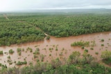 a flooded river crossing in green scrub