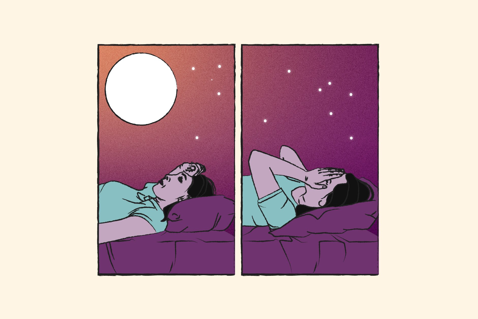 Illustration of 45 year old woman struggling to sleep using purple and yellow colour tones.