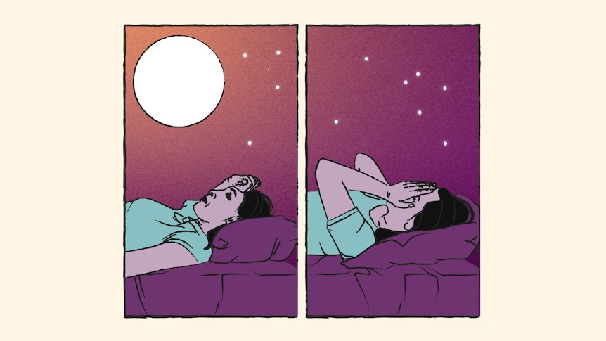 Illustration of 45 year old woman struggling to sleep using purple and yellow colour tones.