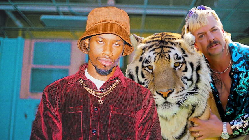 A photoshop of Denzel Curry with Joe Exotic and a tiger