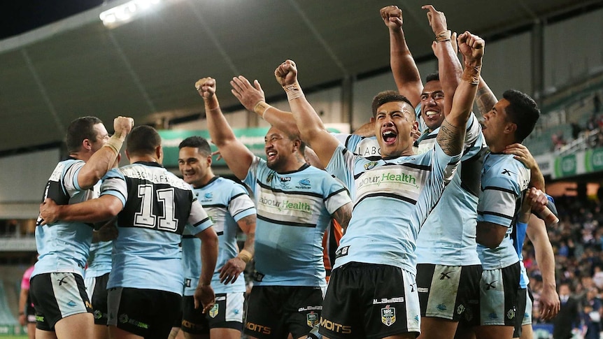 Sharks players celebrate their win