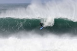 Surfer negotiating a steep drop on a large wave