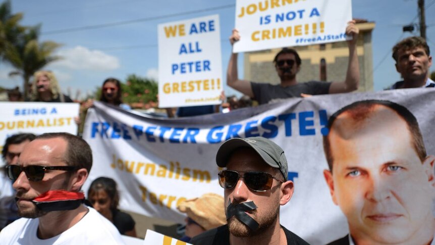 Journalists march in support of Peter Greste